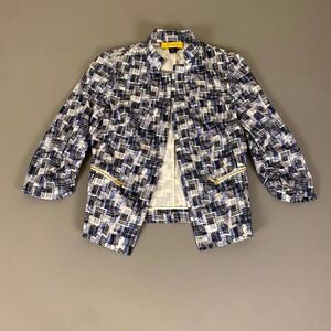 St. John Blazer Jacket Women's Size 2 Blue White Print Gold Zipper‎ Detail